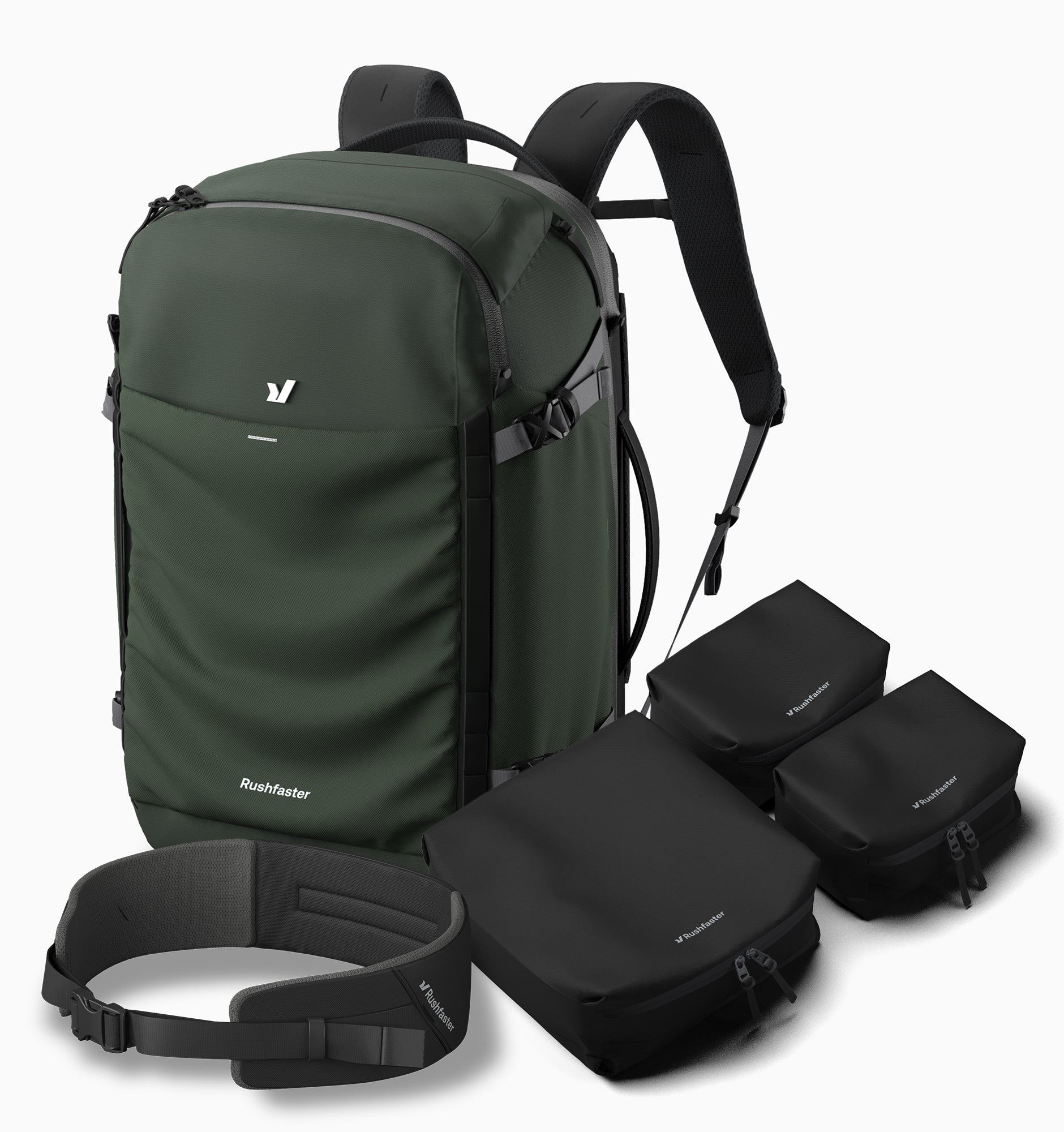 Rushfaster Travel Backpack System (+Packing Cubes + Hip Belt)